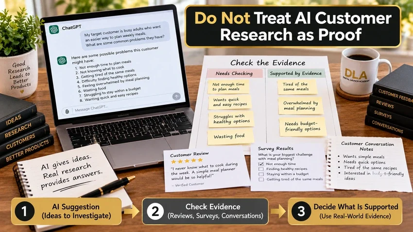 AI customer research notes are sorted into items needing verification and items supported by real-world evidence.