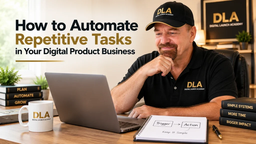 Glenn is setting up his lesson about how to automate repetitive tasks in your digital product business.