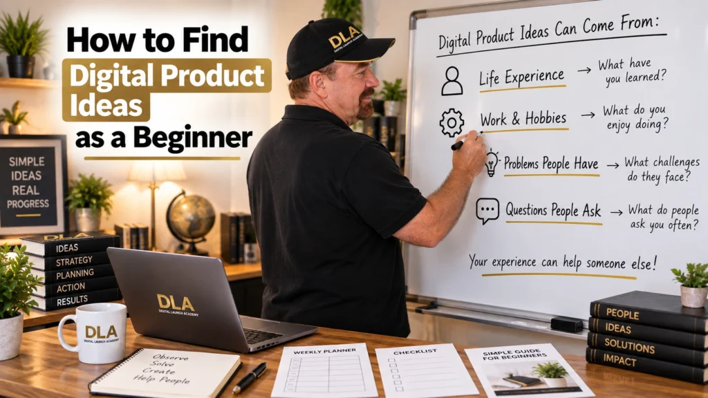 Glenn teaches at a whiteboard how beginners can find digital product ideas from life experience, everyday problems, and common questions.