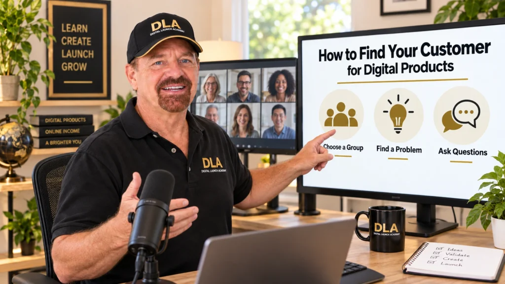 Glenn Wearing full branding outfit with hat telling his virtual class how to find your customer in a well-lit office.