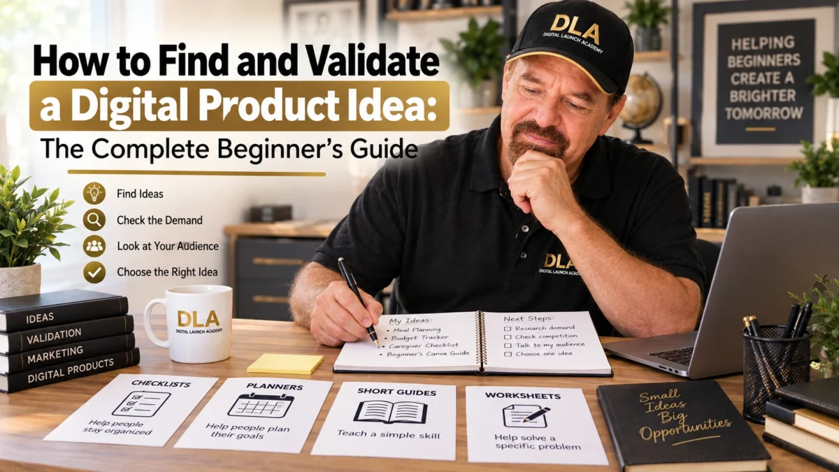 Glenn compares several beginner digital product ideas at his desk while making notes to evaluate which idea to pursue. He is showing his class how to find and validate a digital product idea.