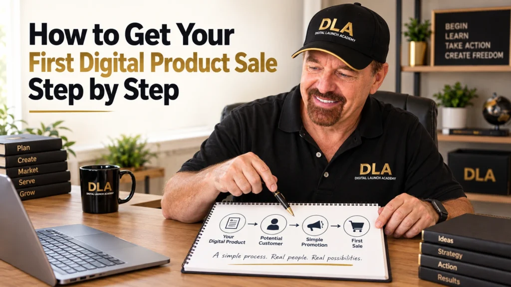 Glenn is teaching how to get your first digital product sales process on his laptop in a Digital Launch Academy home office.