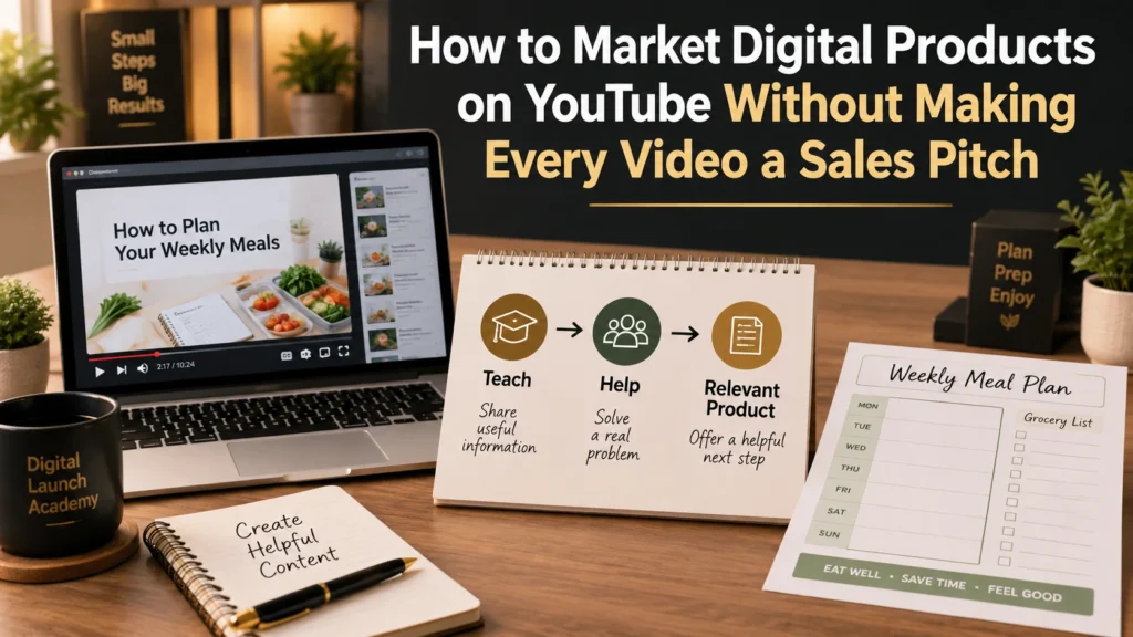 How to market digital products on YouTube without every video a sales pitch. A helpful video lesson connects naturally to a meal-planning printable as the viewer's next step.