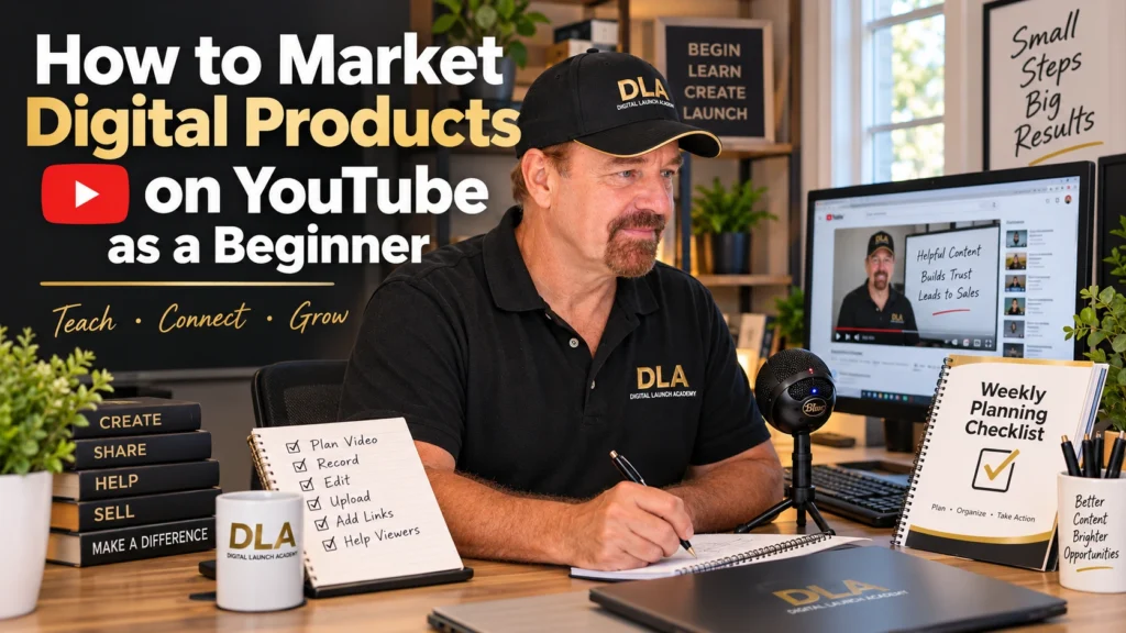 Glenn prepares a beginner YouTube lesson at his desk on how to market digital products on YouTube.