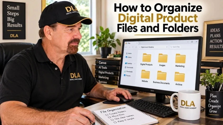 Glenn organizes digital product files into clearly labeled folders at his home office desk. He is showing his class how to organize digital product files and folders.