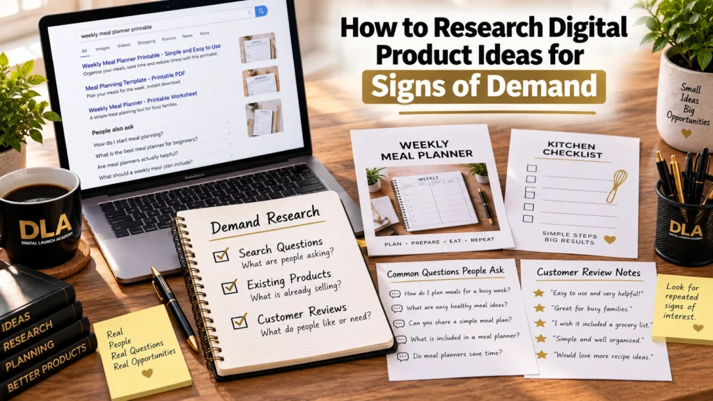 Workspace showing a laptop, existing digital product examples, customer questions, and review notes used to research signs of demand. Learn how to research digital product ideas.