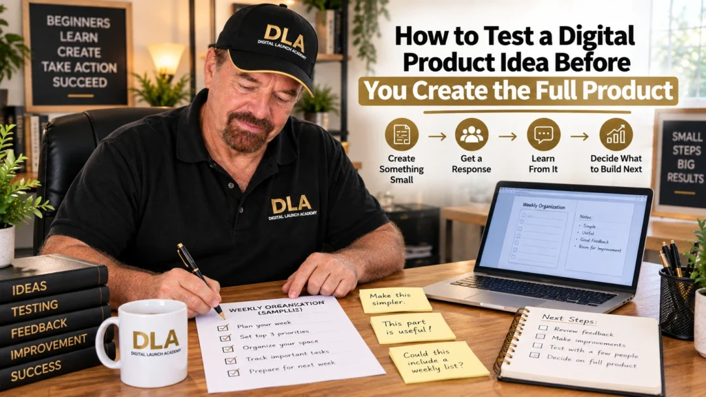 Glenn reviews a small digital product sample and feedback notes before deciding what to create next.