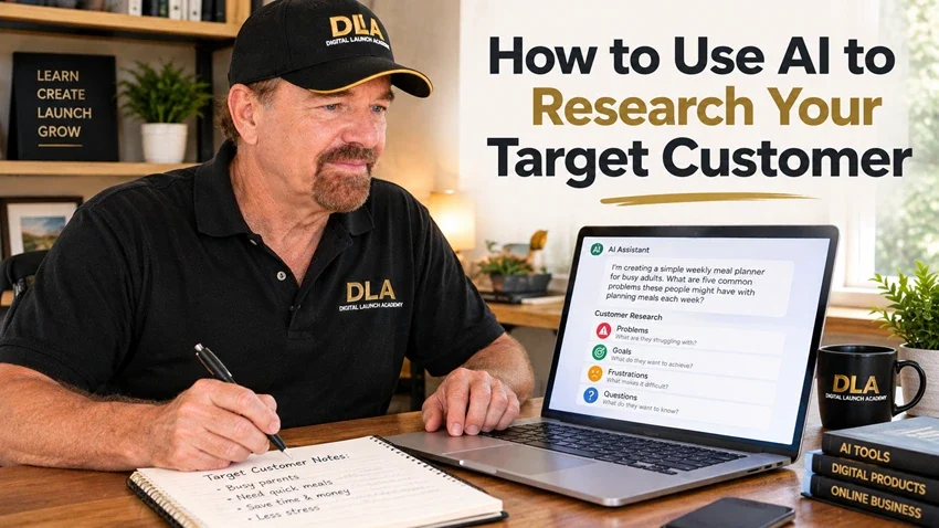 Glenn uses AI on a laptop to research customer problems, goals, frustrations, and questions. Glenn is showing his students how to use AI to research your target customer