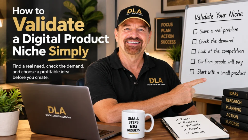 Glenn is showing his online class how to validate a digital product niche simply.