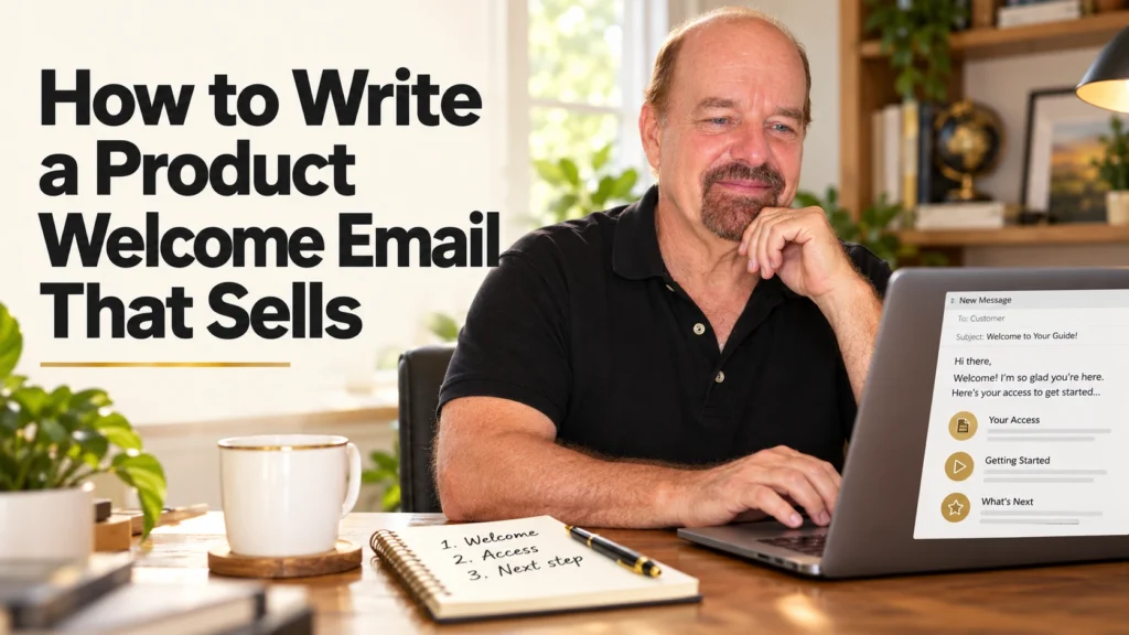 Glenn is showing the class on how to write a product welcome email that sells.