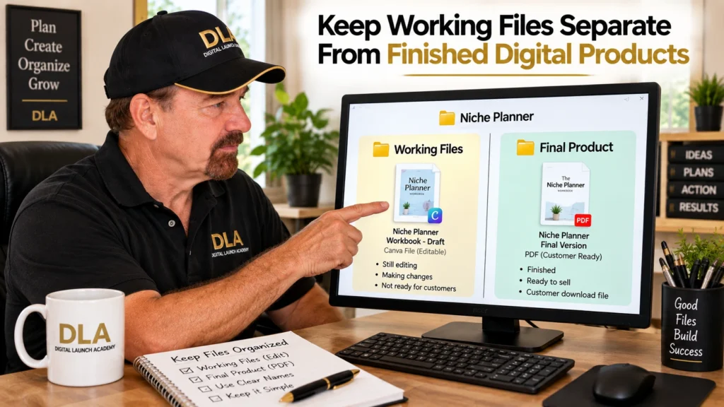 Glenn separates editable working files from a finished customer-ready digital product. Glenn is showing on the monitor how to keep working files separate from finished products.