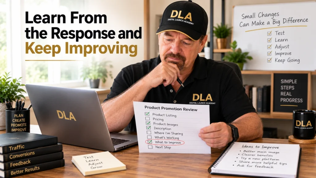 Glenn reviews a simple product promotion worksheet and chooses one part of the sales process to improve. He is teaching his class to learn from the response and keep improving.