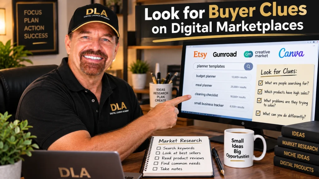 Glenn is smiling and showing the class online his monitor to look for buyer clues on digital marketplaces.