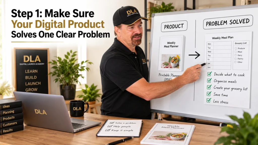 Glenn uses a whiteboard to show how a simple meal-planning printable solves one clear customer problem.