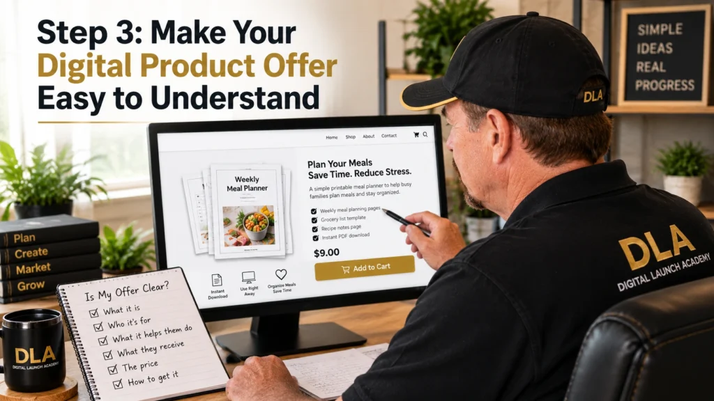 Glenn prepares a helpful weekly meal-planning lesson at his desk with a simple printable nearby.