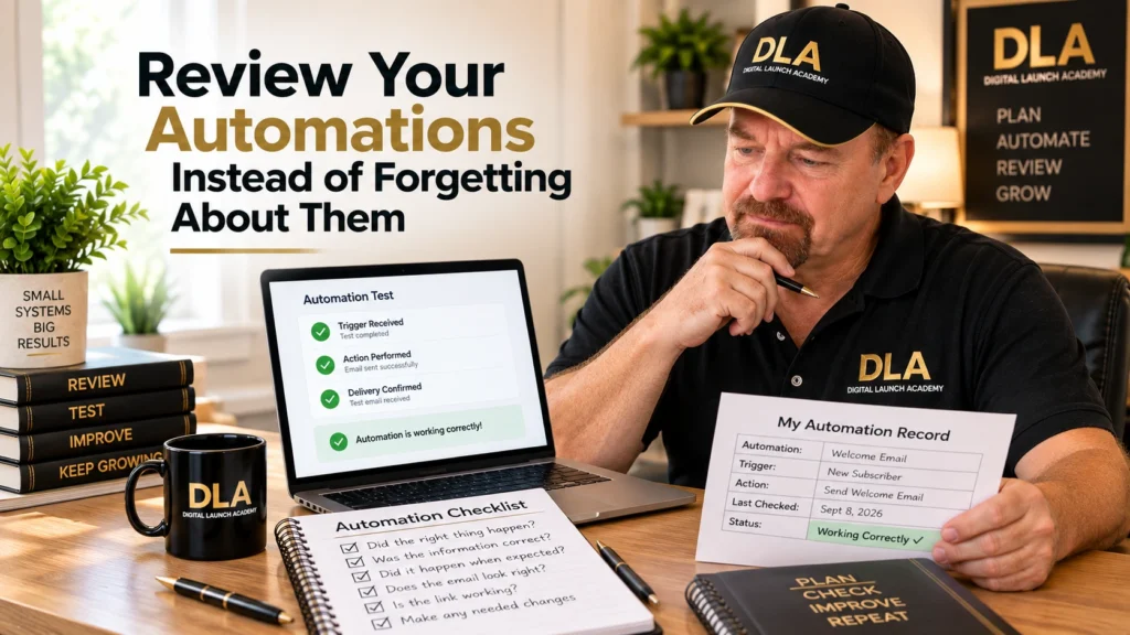 Glenn checks an automation and reviews a simple testing checklist at his desk.