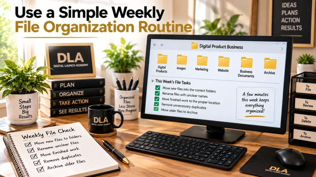 An organized workspace shows a simple weekly checklist for maintaining digital product files. Glenn says I have to use a simple weekly file organization routine, or I can forget.