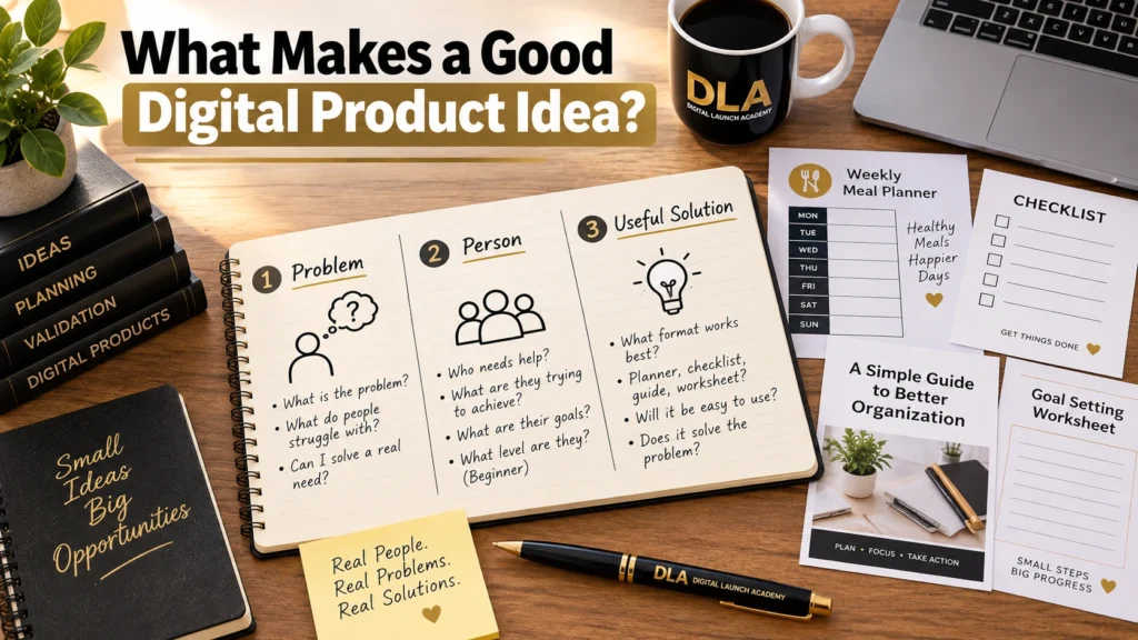Workspace with a notebook connecting a customer problem and audience to simple digital product solutions such as a planner and checklist.