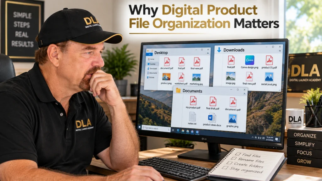 The computer displays a simple folder system for organizing digital product and business files. Glenn is showing the class why digital product file organization matters.
