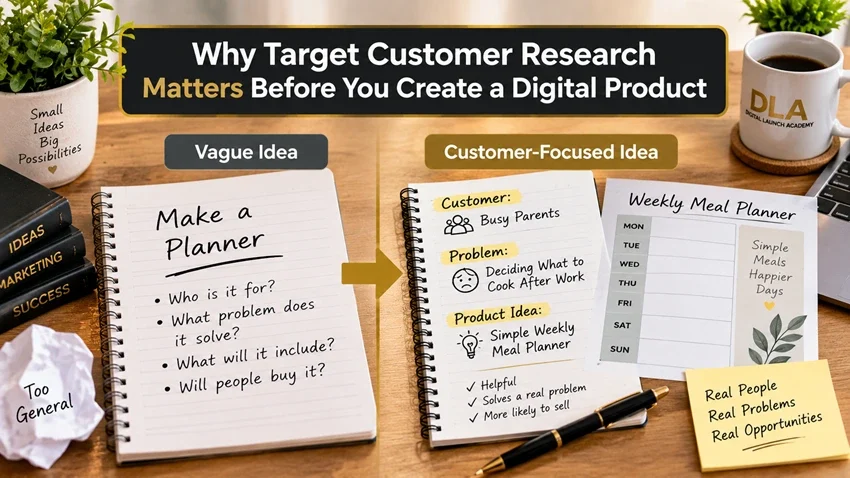 A workspace compares a vague planner idea with a weekly meal planner based on a specific customer and problem.