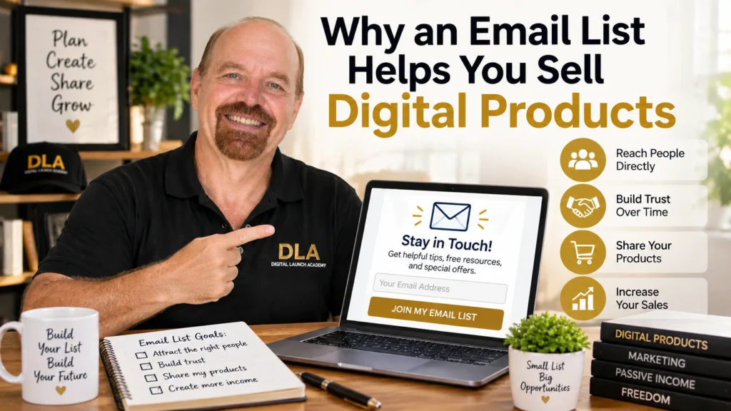 Glenn is showing the class why an email list helps you sell digital products