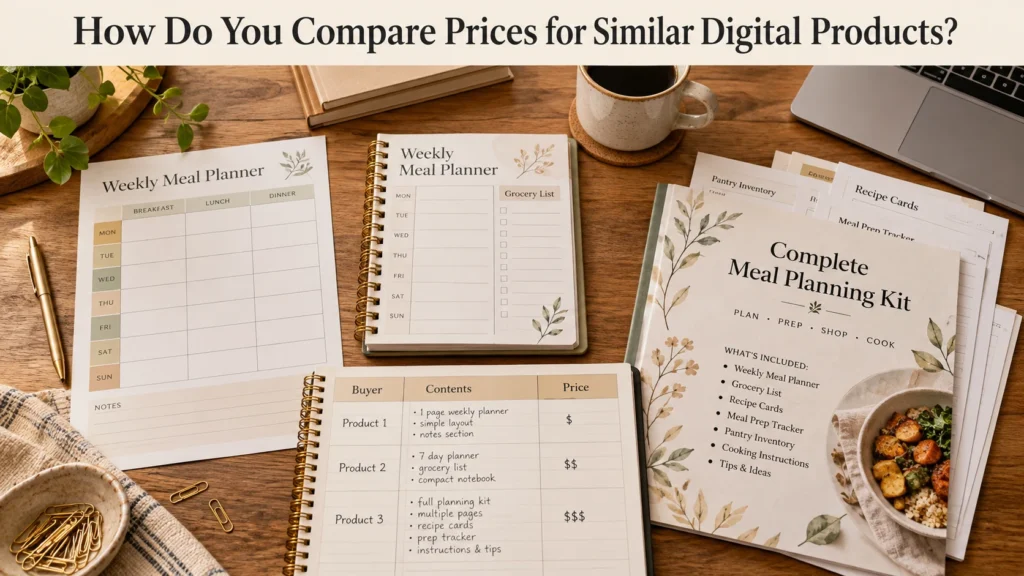 Glenn compares three meal-planner products with different contents at his desk.