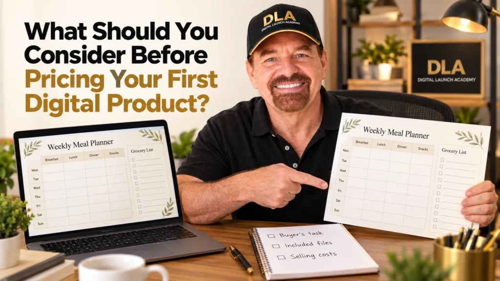 Glenn reviews a meal planner, its included files, and selling costs at his desk.