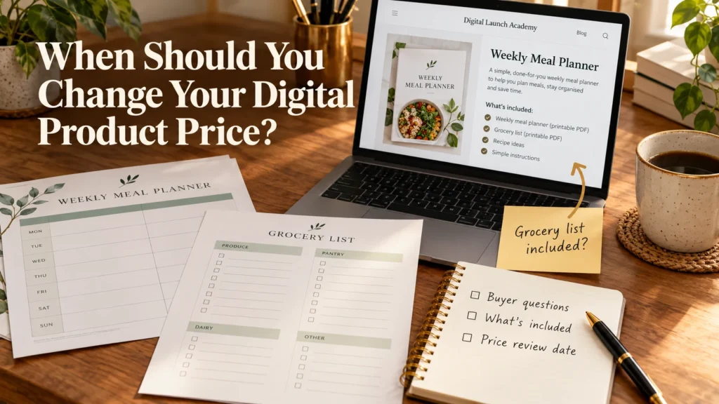 Glenn reviews a meal planner’s description and notes before deciding whether to change its price.