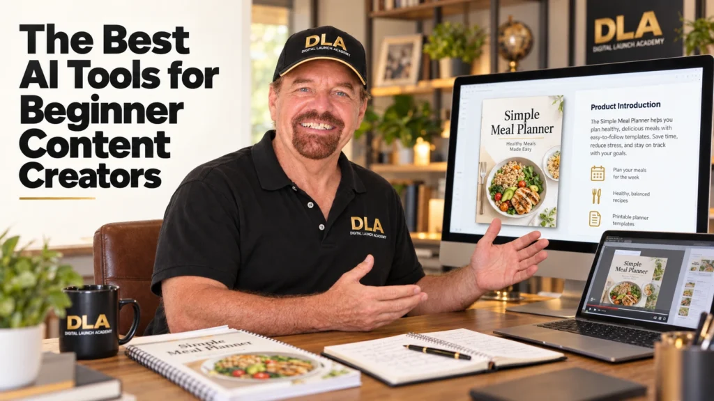 Glenn demonstrates a meal-planner cover, product introduction, and video preview at his desk using the best AI tools for beginner content creators.